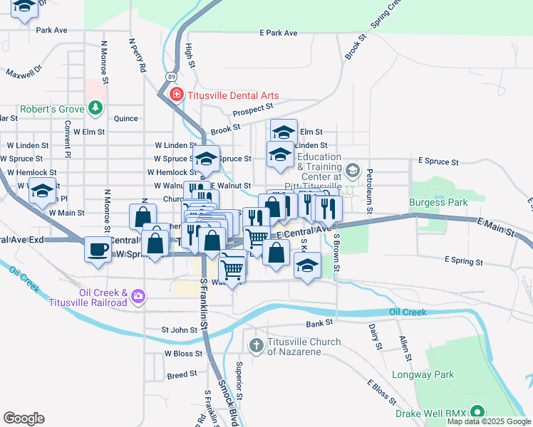 map of restaurants, bars, coffee shops, grocery stores, and more near 198 N Drake St in Titusville