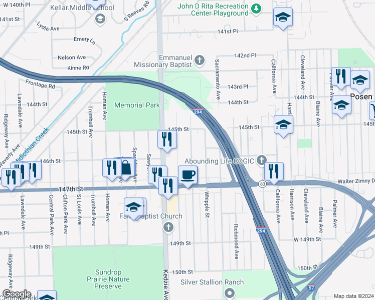 map of restaurants, bars, coffee shops, grocery stores, and more near 14534 South Albany Avenue in Posen