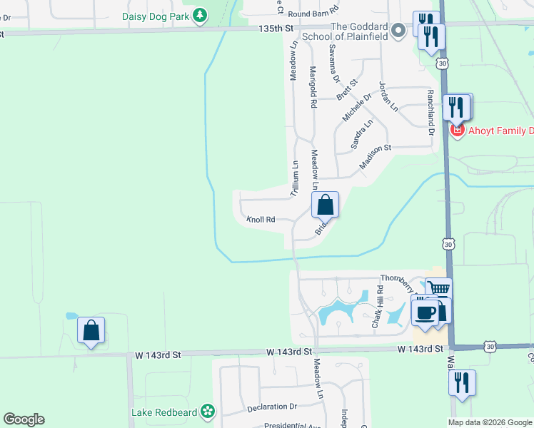 map of restaurants, bars, coffee shops, grocery stores, and more near 25230 Knoll Road in Plainfield