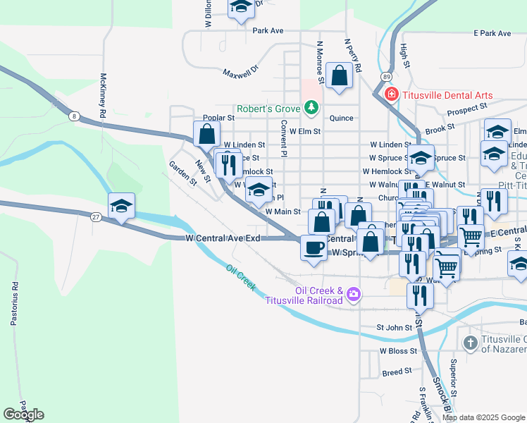 map of restaurants, bars, coffee shops, grocery stores, and more near 117 West Main Street in Titusville
