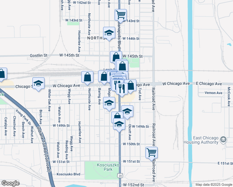 map of restaurants, bars, coffee shops, grocery stores, and more near 4722 Indianapolis Blvd in East Chicago
