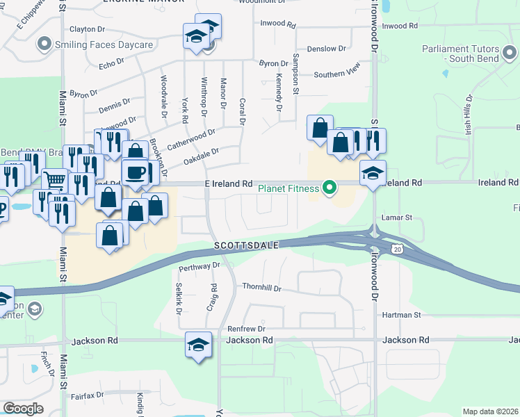 map of restaurants, bars, coffee shops, grocery stores, and more near 4547 Macdougall Court in South Bend