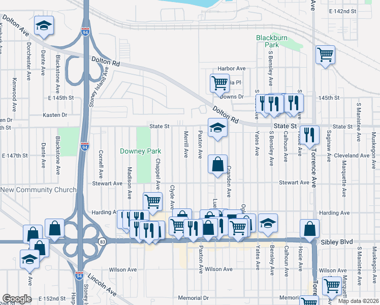 map of restaurants, bars, coffee shops, grocery stores, and more near 325 Merrill Avenue in Calumet City