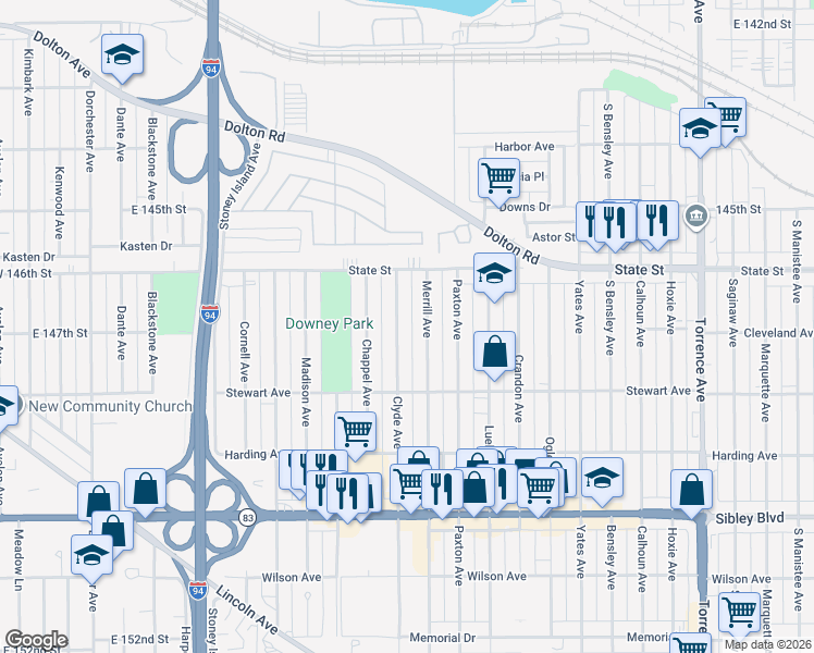 map of restaurants, bars, coffee shops, grocery stores, and more near 326 Clyde Avenue in Calumet City