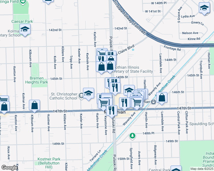 map of restaurants, bars, coffee shops, grocery stores, and more near 14533 Keystone Avenue in Midlothian