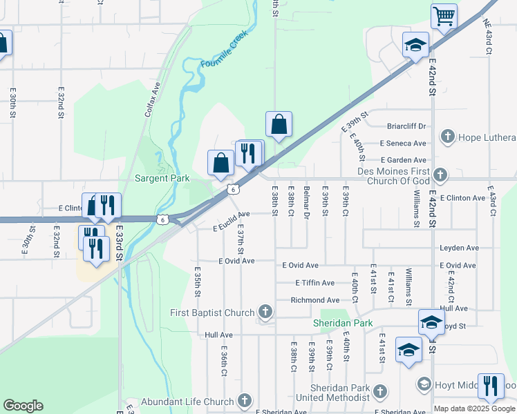 map of restaurants, bars, coffee shops, grocery stores, and more near 3716 East Euclid Avenue in Des Moines