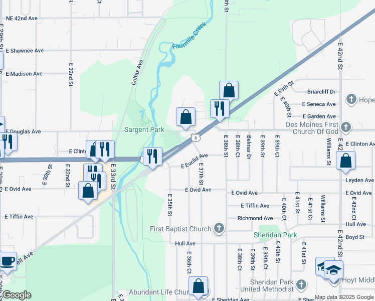 map of restaurants, bars, coffee shops, grocery stores, and more near 3618 East Euclid Avenue in Des Moines