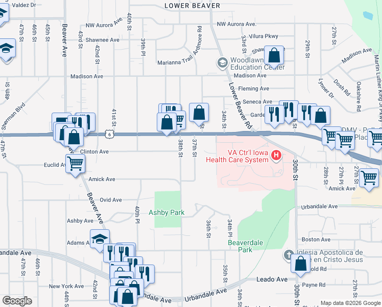 map of restaurants, bars, coffee shops, grocery stores, and more near 3608 37th Street in Des Moines