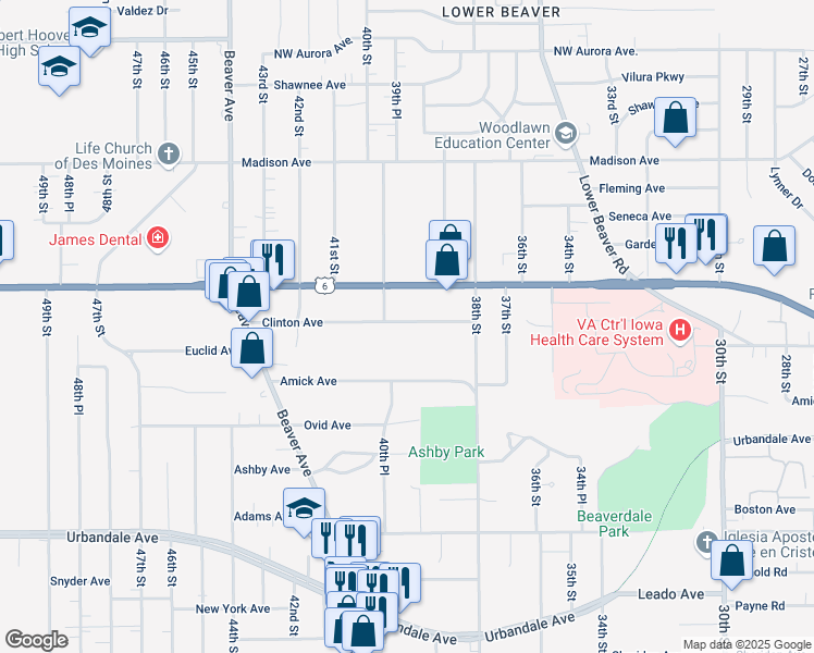map of restaurants, bars, coffee shops, grocery stores, and more near 3916 Clinton Avenue in Des Moines