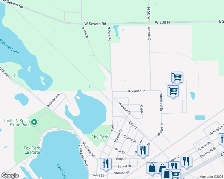 map of restaurants, bars, coffee shops, grocery stores, and more near 1450 Park St in La Porte