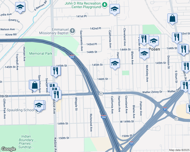 map of restaurants, bars, coffee shops, grocery stores, and more near 14544 San Francisco Avenue in Posen