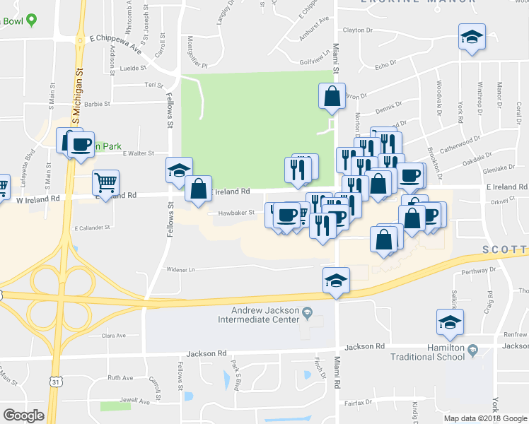 map of restaurants, bars, coffee shops, grocery stores, and more near High Street in South Bend