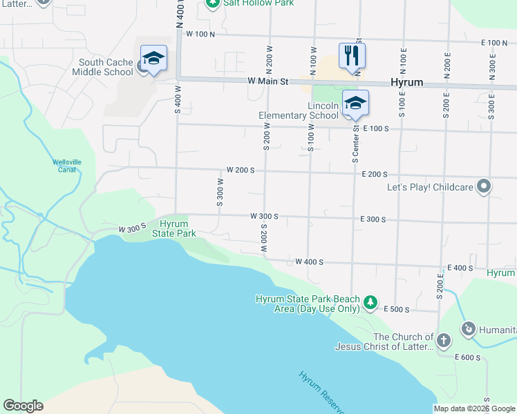 map of restaurants, bars, coffee shops, grocery stores, and more near 282 South 200 East in Hyrum