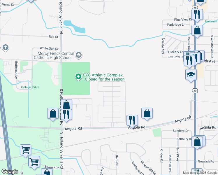 map of restaurants, bars, coffee shops, grocery stores, and more near Sudan Drive in Toledo