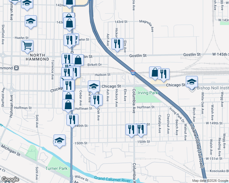 map of restaurants, bars, coffee shops, grocery stores, and more near 4729 Hickory Avenue in Hammond