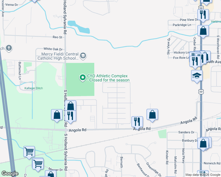 map of restaurants, bars, coffee shops, grocery stores, and more near Sudan Drive in Toledo