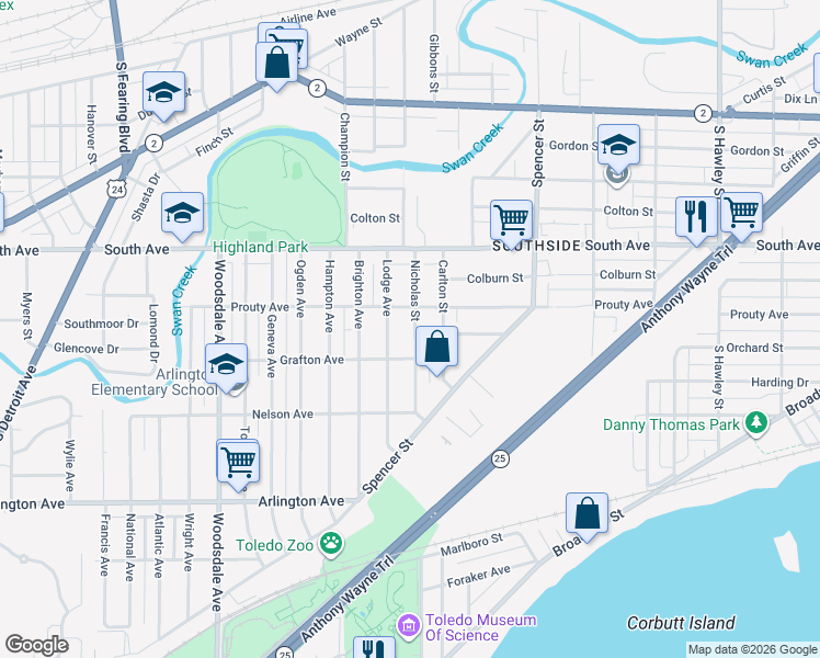 map of restaurants, bars, coffee shops, grocery stores, and more near 635 Lodge Avenue in Toledo