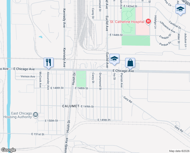 map of restaurants, bars, coffee shops, grocery stores, and more near 4730 Drummond Street in East Chicago