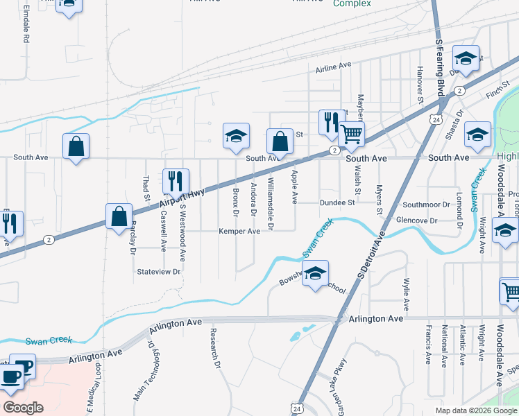 map of restaurants, bars, coffee shops, grocery stores, and more near 605 Andora Drive in Toledo
