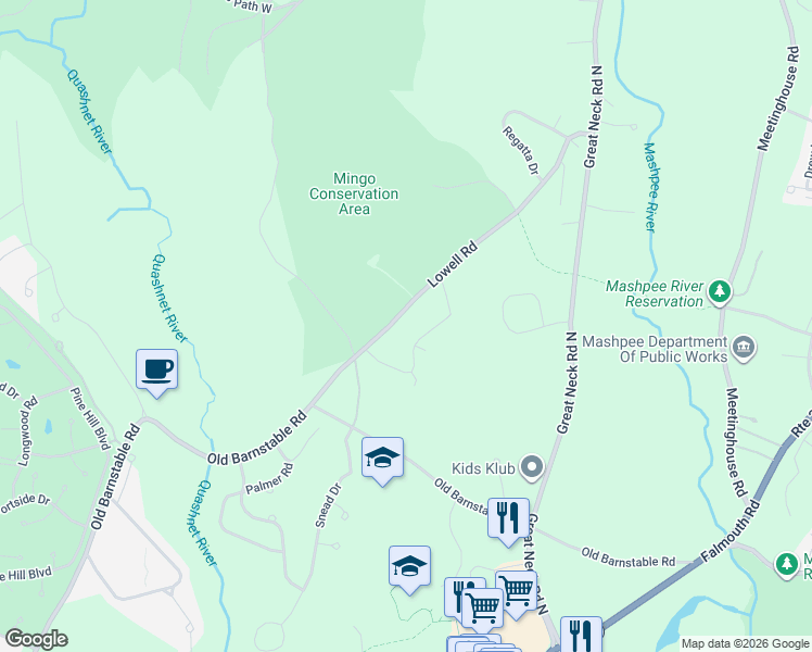 map of restaurants, bars, coffee shops, grocery stores, and more near 174 Lowell Road in Mashpee