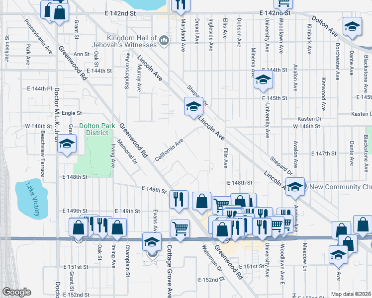 map of restaurants, bars, coffee shops, grocery stores, and more near 14664 Empire Avenue in Dolton