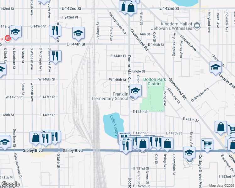 map of restaurants, bars, coffee shops, grocery stores, and more near 14700 Beachview Terrace in Dolton