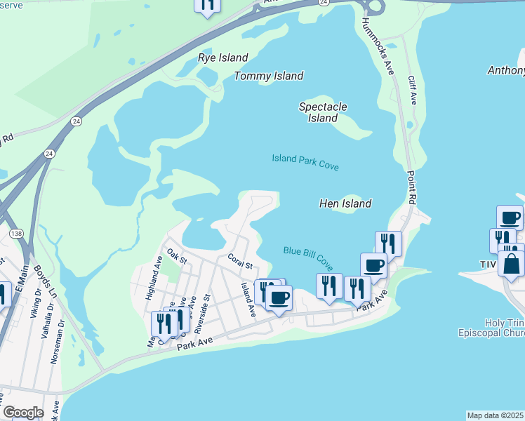 map of restaurants, bars, coffee shops, grocery stores, and more near 287 Riverside Street in Portsmouth