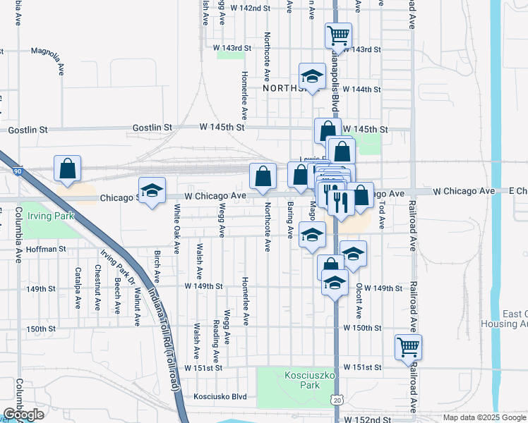 map of restaurants, bars, coffee shops, grocery stores, and more near 4725 Northcote Avenue in East Chicago