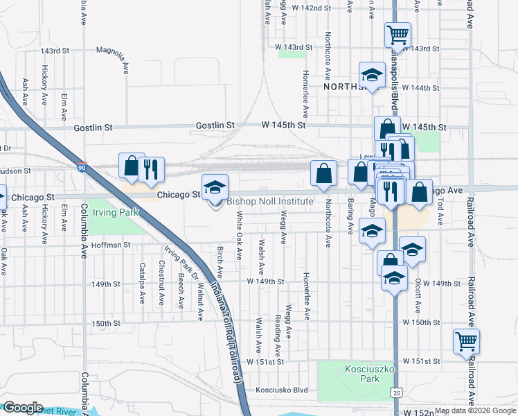 map of restaurants, bars, coffee shops, grocery stores, and more near 1211 Beacon St in East Chicago