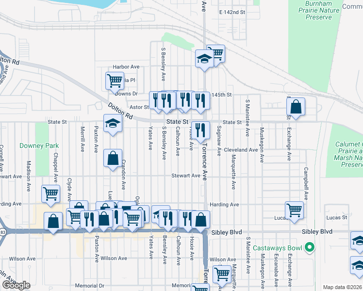 map of restaurants, bars, coffee shops, grocery stores, and more near 325 Calhoun Avenue in Calumet City
