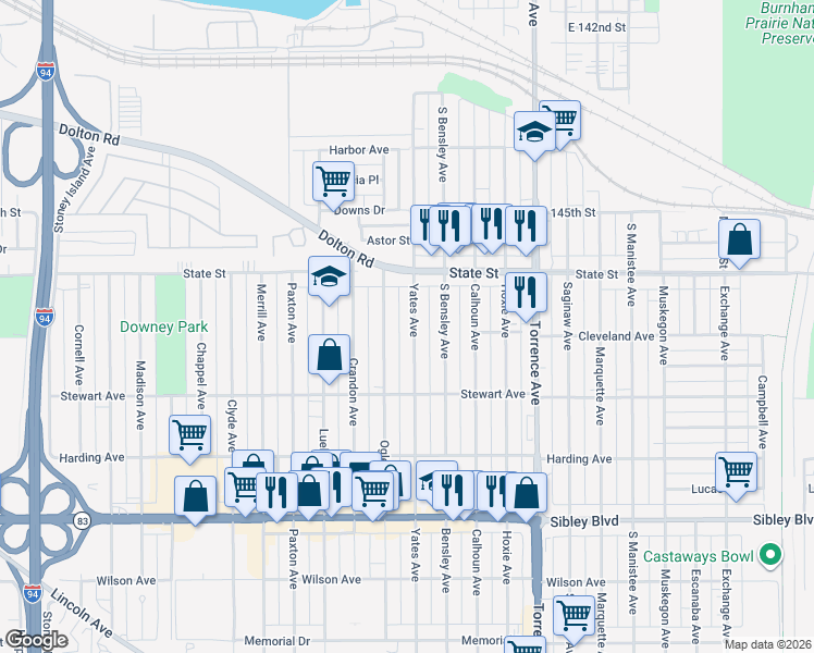 map of restaurants, bars, coffee shops, grocery stores, and more near 323 Yates Avenue in Calumet City