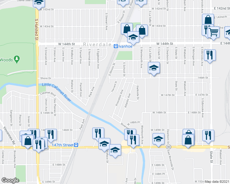 map of restaurants, bars, coffee shops, grocery stores, and more near 14652 Princeton Avenue in Dolton