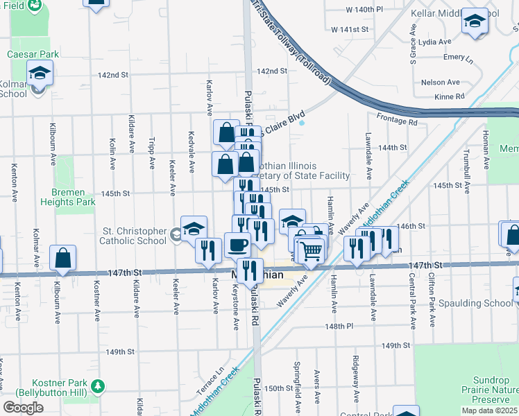 map of restaurants, bars, coffee shops, grocery stores, and more near 14540 Harding Avenue in Midlothian