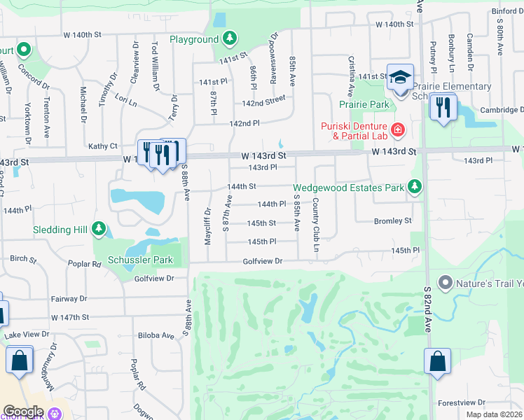 map of restaurants, bars, coffee shops, grocery stores, and more near 8608 145th Street in Orland Park
