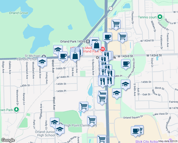 map of restaurants, bars, coffee shops, grocery stores, and more near 9705 Ravinia Court in Orland Park