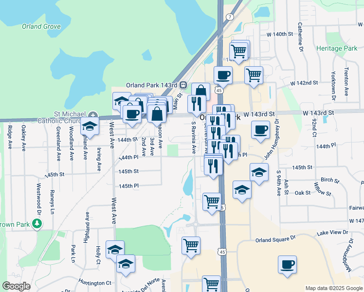 map of restaurants, bars, coffee shops, grocery stores, and more near 9740 Ravinia Court in Orland Park