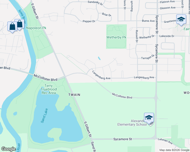 map of restaurants, bars, coffee shops, grocery stores, and more near 1031 Langenberg Avenue in Iowa City