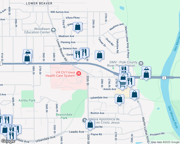 map of restaurants, bars, coffee shops, grocery stores, and more near 3600 30th Street in Des Moines