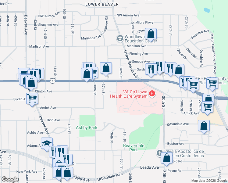 map of restaurants, bars, coffee shops, grocery stores, and more near 3624 36th Street in Des Moines