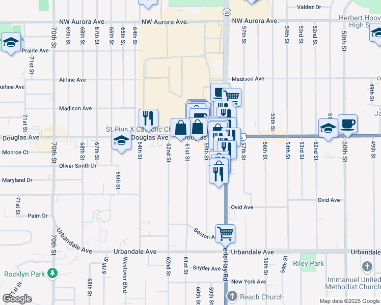 map of restaurants, bars, coffee shops, grocery stores, and more near 3601 61st Street in Des Moines