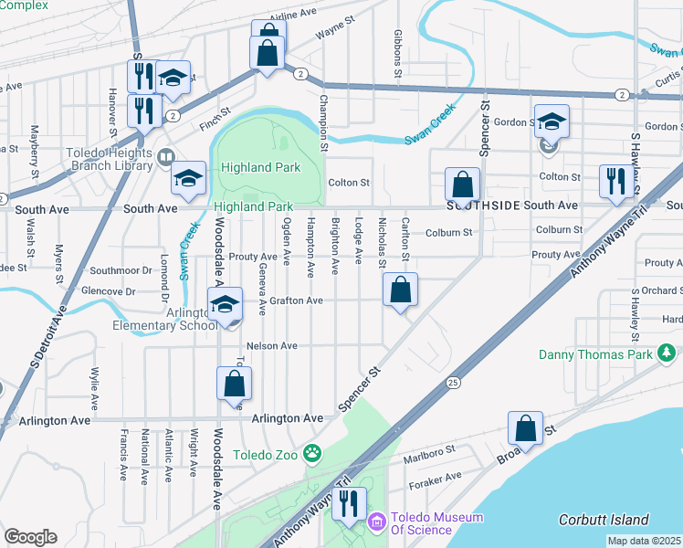 map of restaurants, bars, coffee shops, grocery stores, and more near 619 Brighton Avenue in Toledo