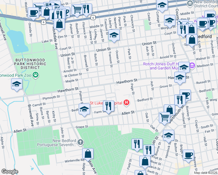 map of restaurants, bars, coffee shops, grocery stores, and more near 23 Priscilla Street in New Bedford