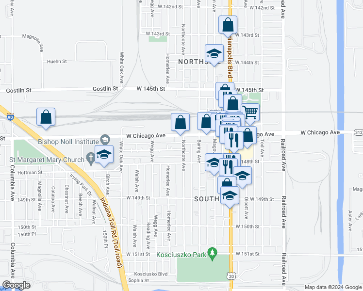 map of restaurants, bars, coffee shops, grocery stores, and more near 1102 Beacon Street in East Chicago