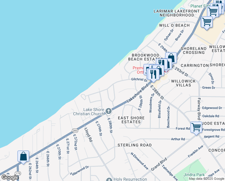 map of restaurants, bars, coffee shops, grocery stores, and more near 120 Eastbrook Drive in Euclid