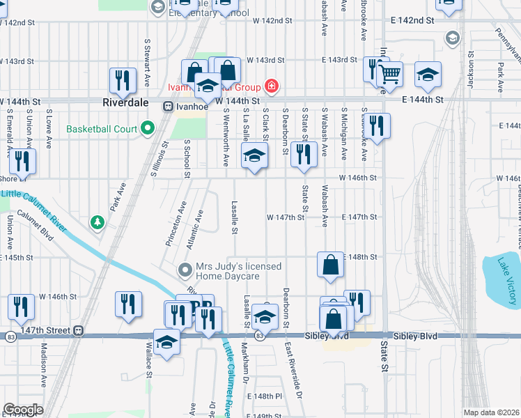 map of restaurants, bars, coffee shops, grocery stores, and more near 111 146th Street in Dolton