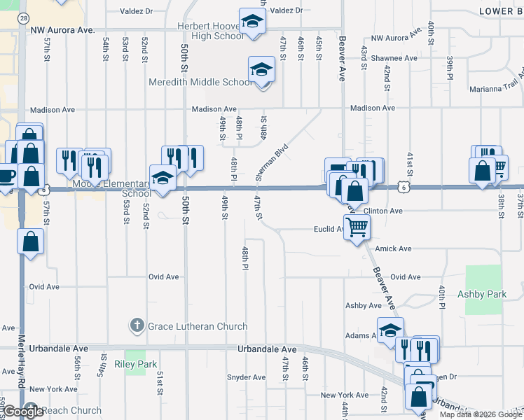map of restaurants, bars, coffee shops, grocery stores, and more near 3605 47th Street in Des Moines