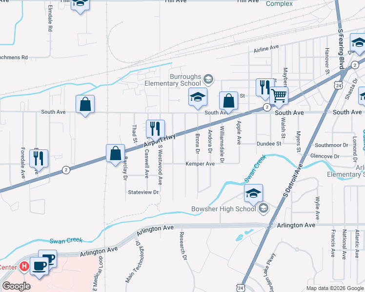 map of restaurants, bars, coffee shops, grocery stores, and more near 578 Colima Drive in Toledo