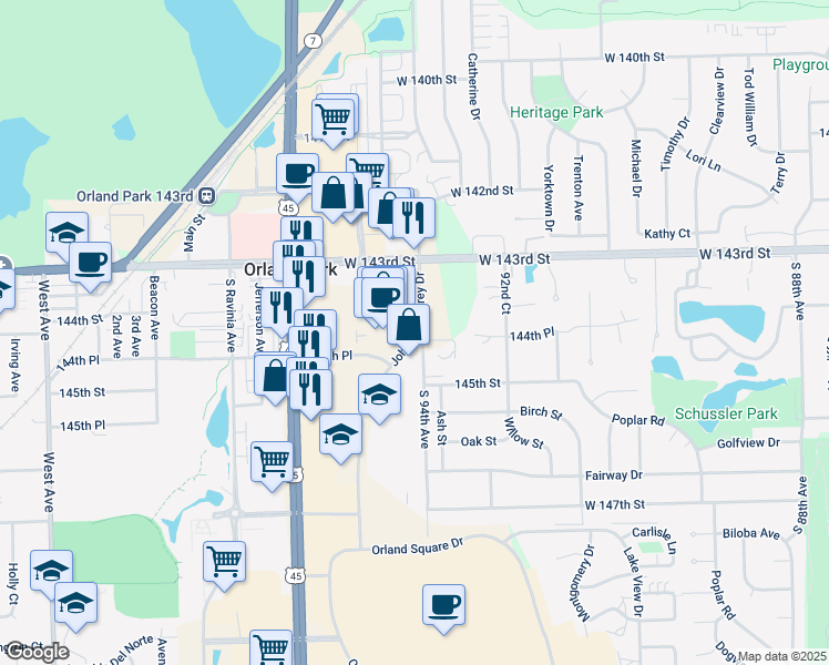map of restaurants, bars, coffee shops, grocery stores, and more near 14435 South 94th Avenue in Orland Park