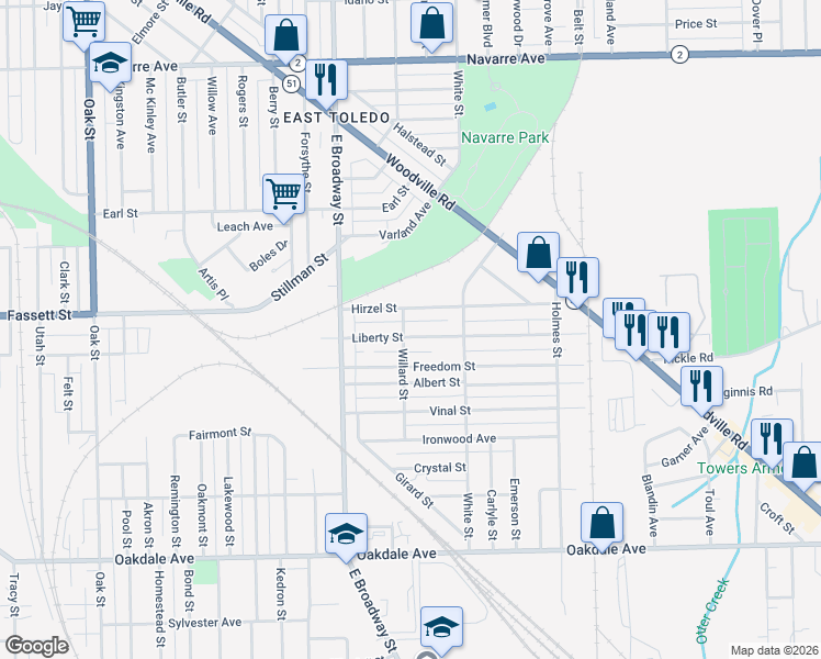 map of restaurants, bars, coffee shops, grocery stores, and more near 1212 Liberty Street in Toledo