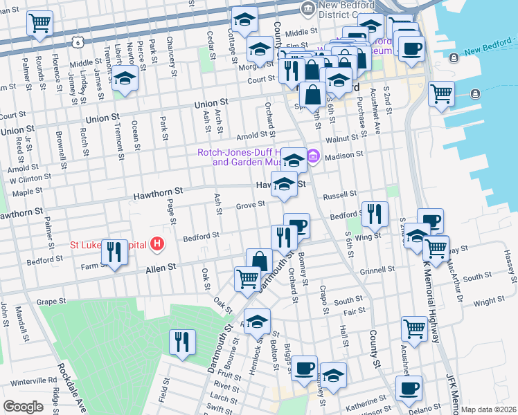 map of restaurants, bars, coffee shops, grocery stores, and more near 70 Cottage Street in New Bedford